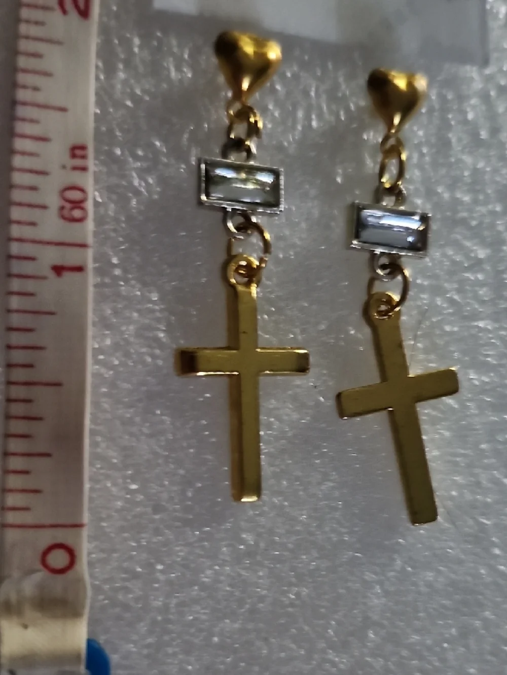 Hand Crafted Gold Cross Drop Earrings with Clear Stone